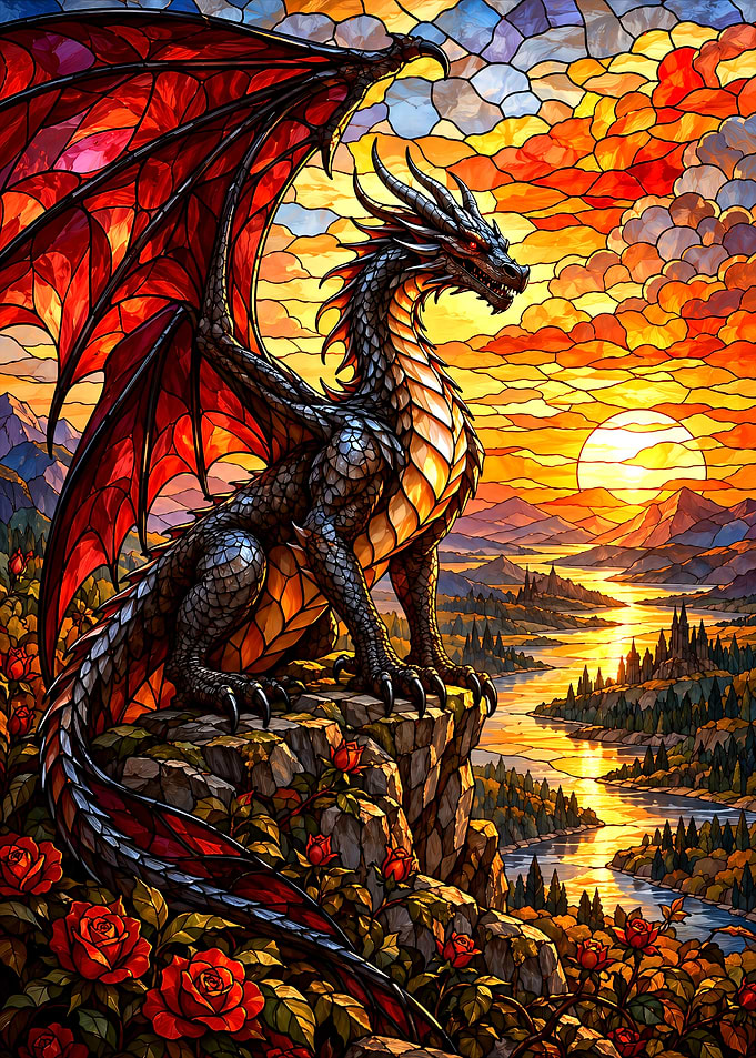 Stained Glass Dragon at Sunset