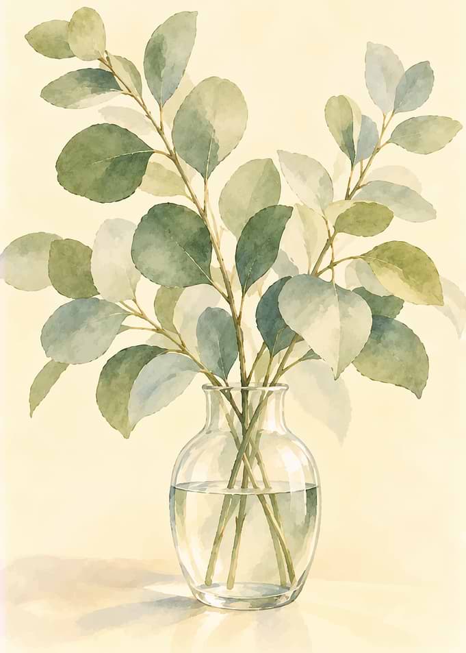 Watercolor Eucalyptus Leaves in Glass Vase
