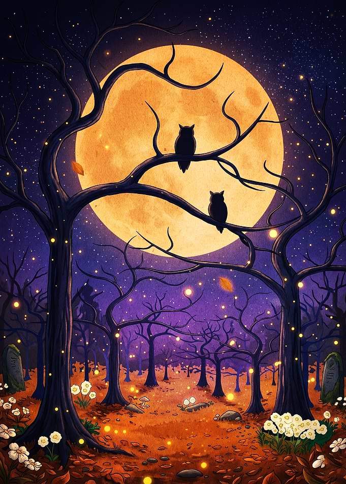 Owl Full Moon Spooky Forest Art