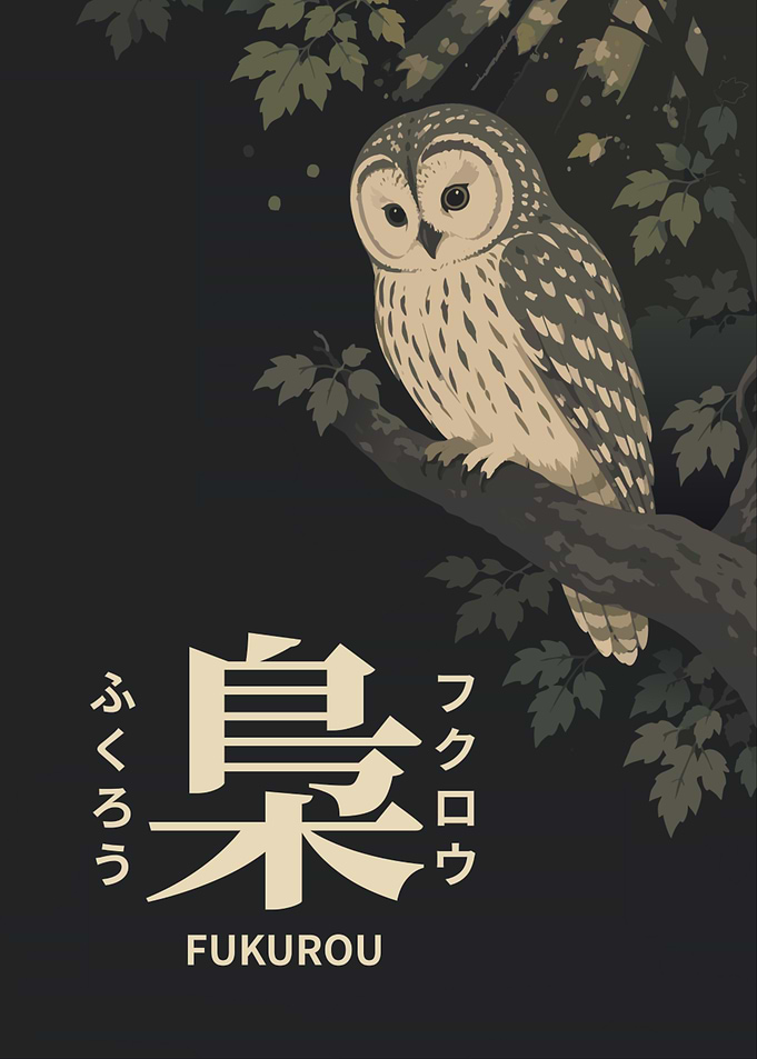 Fukurou Owl — Kanji, Hiragana, Katakana & Romaji Japanese Word Art