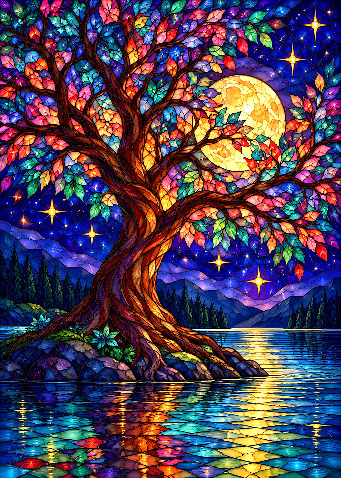 Stained Glass Tree by Moonlight