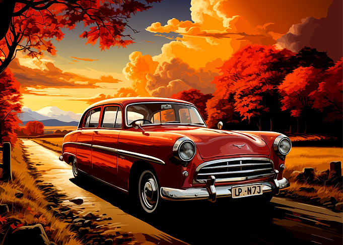 Vintage Red Car in Autumn Landscape