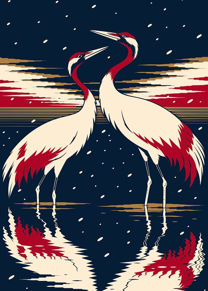 Two Cranes by the Reflecting Water