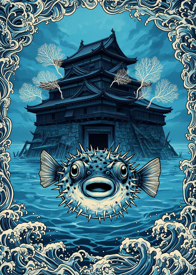 Pufferfish Before a Japanese Castle