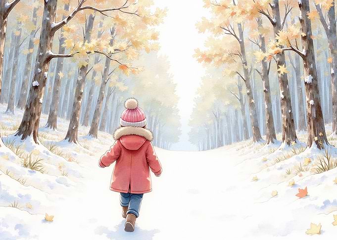 Child Walking Through Snowy Autumn Forest
