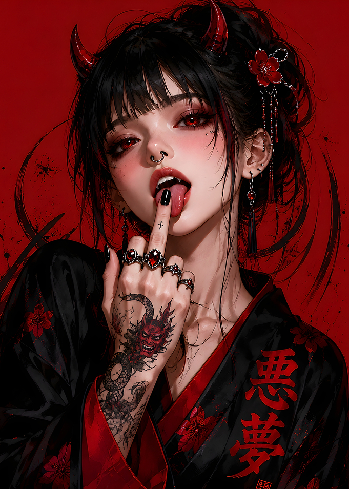 Crimson Oni Girl in Black Kimono