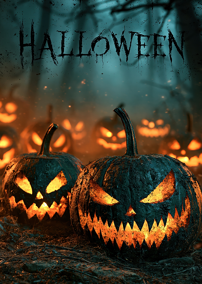 Spooky Halloween Jack-o'-lanterns in Forest