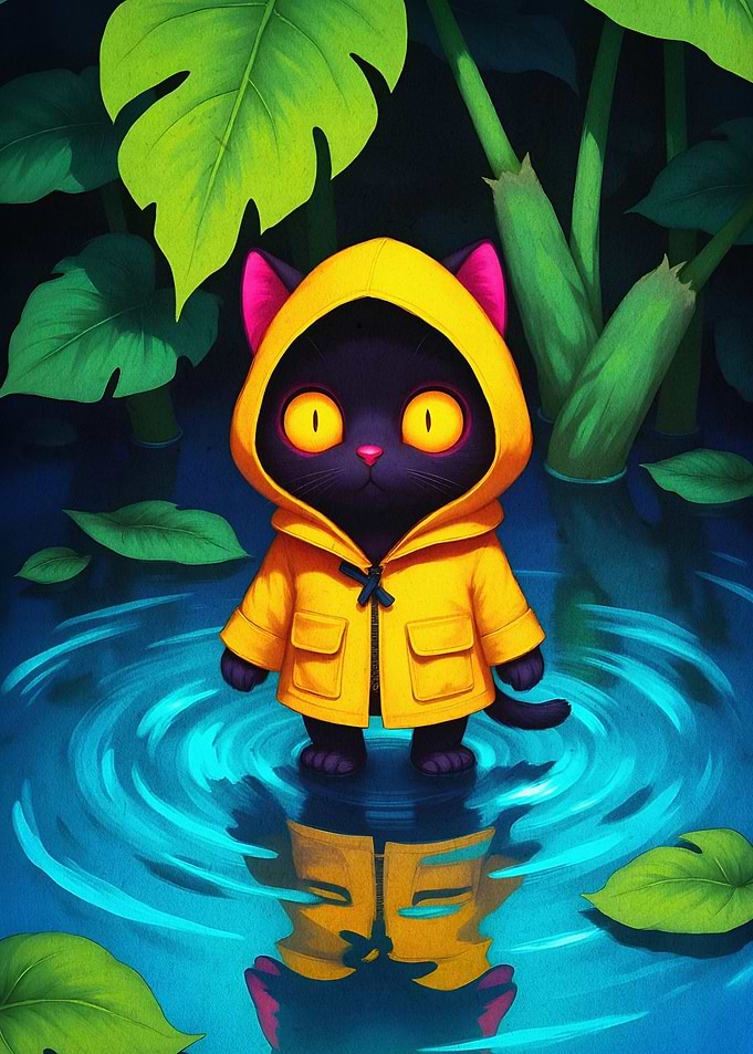 Black Cat Raincoat Cute Art Poster