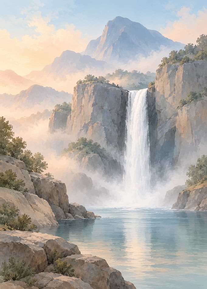 Majestic Waterfall in Misty Mountains