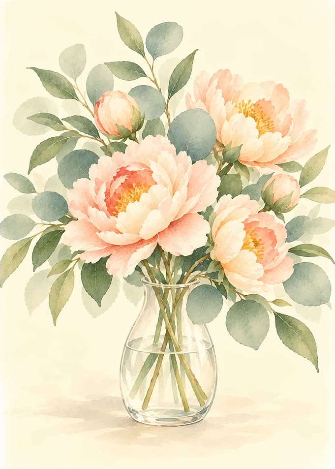 Watercolor Peonies in Glass Vase