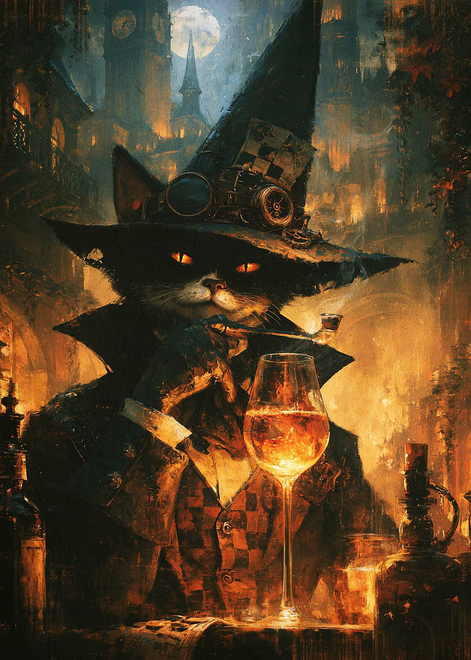 Steampunk Cat Wizard Dark Fantasy A