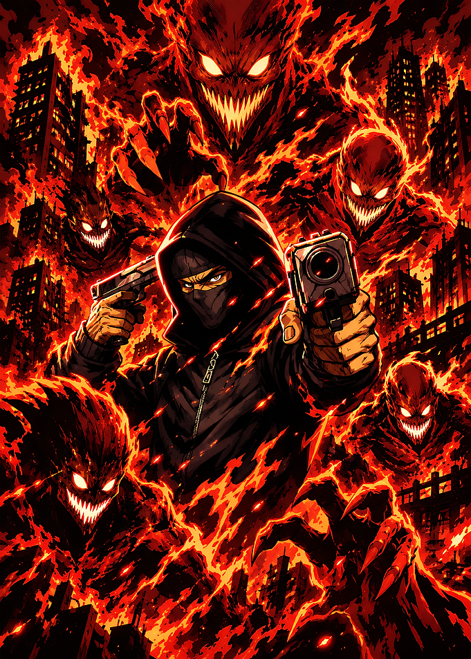 Hooded Vigilante Amidst Fiery Demons