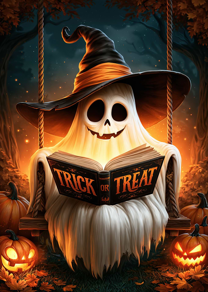 Cute Ghost Reading Trick or Treat