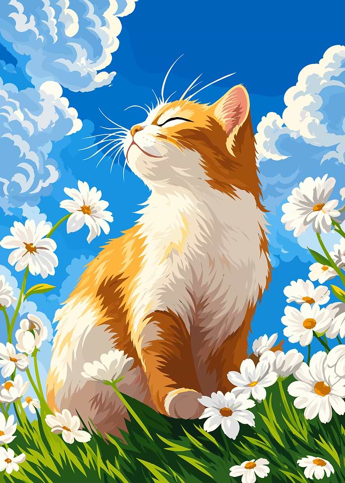 Ginger Cat in Daisy Field