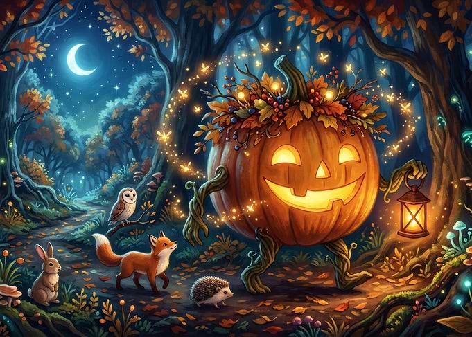 Magical Pumpkin Creature in Enchanted Forest