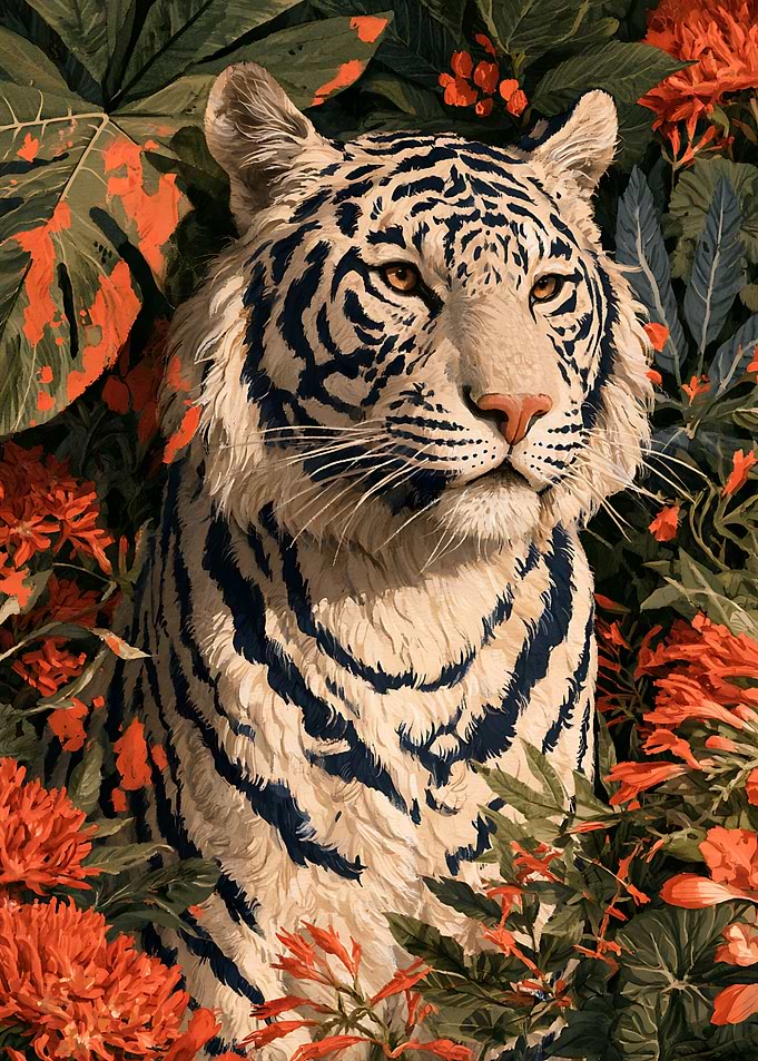 White Tiger Amidst Vibrant Red Flowers