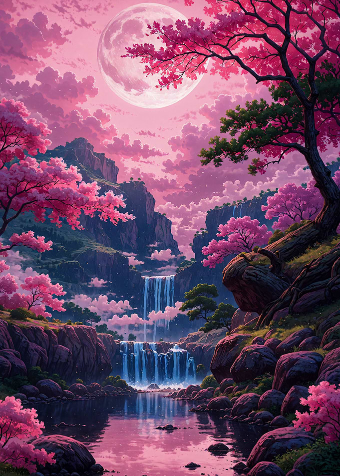 Pink Cherry Blossom Waterfall Landscape Japan