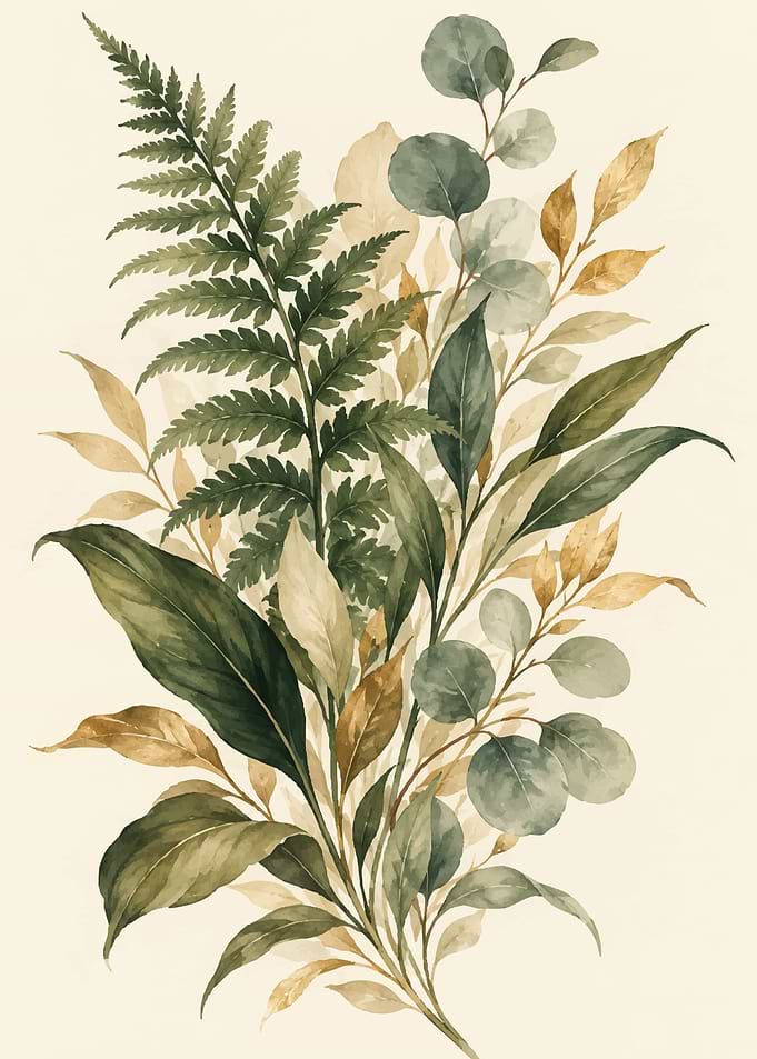 Watercolor Botanical Fern and Leaf Bouquet