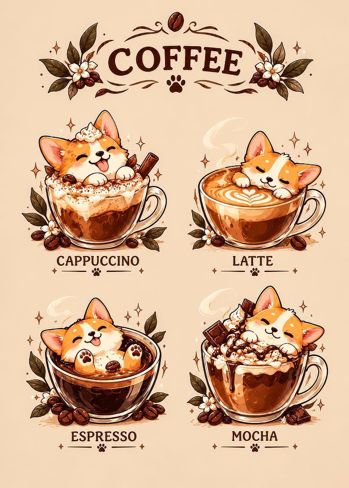 Cute Corgi Coffee Menu Illustration