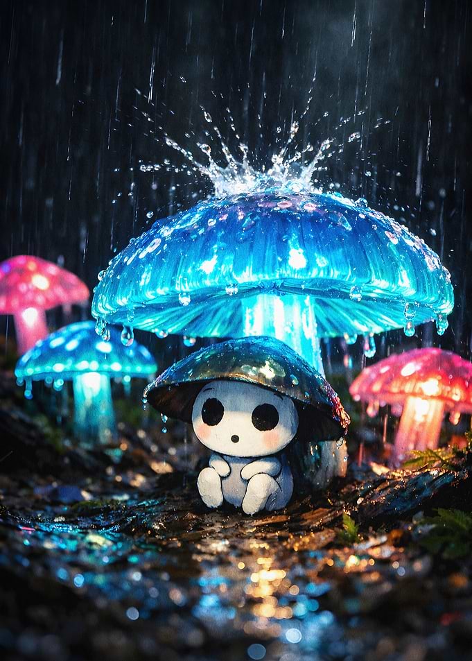 Glowing Mushroom Rainy Night Art