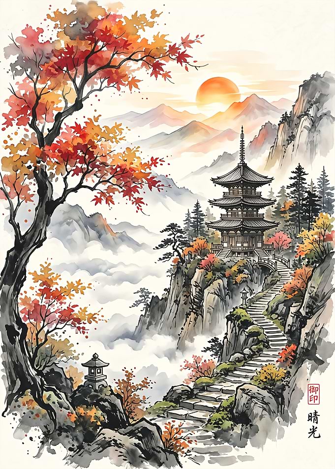 Watercolor Japanese Pagoda Mountain Landscape