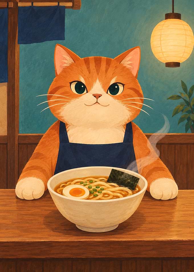 Cute Cat Chef Serving Ramen