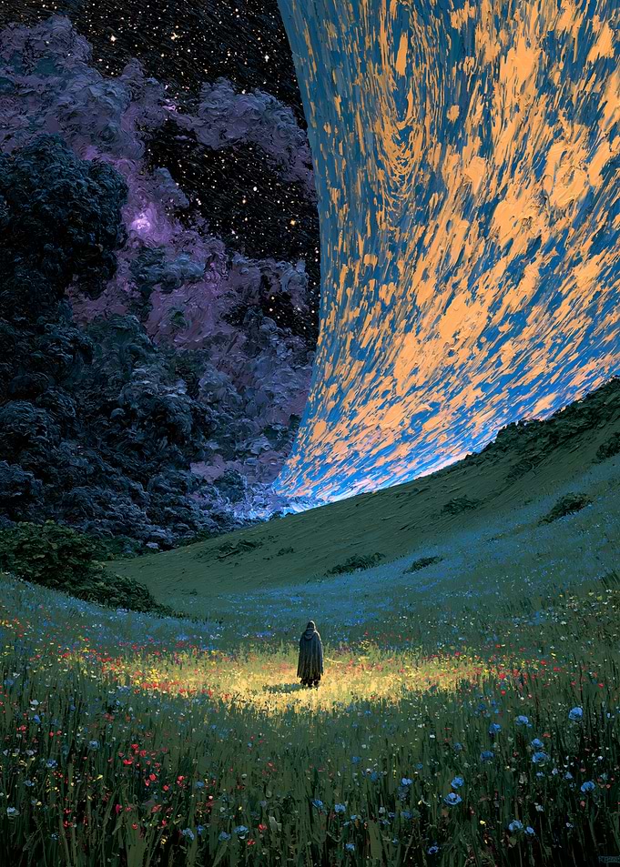 Lone Traveler in Surreal Cosmic Meadow
