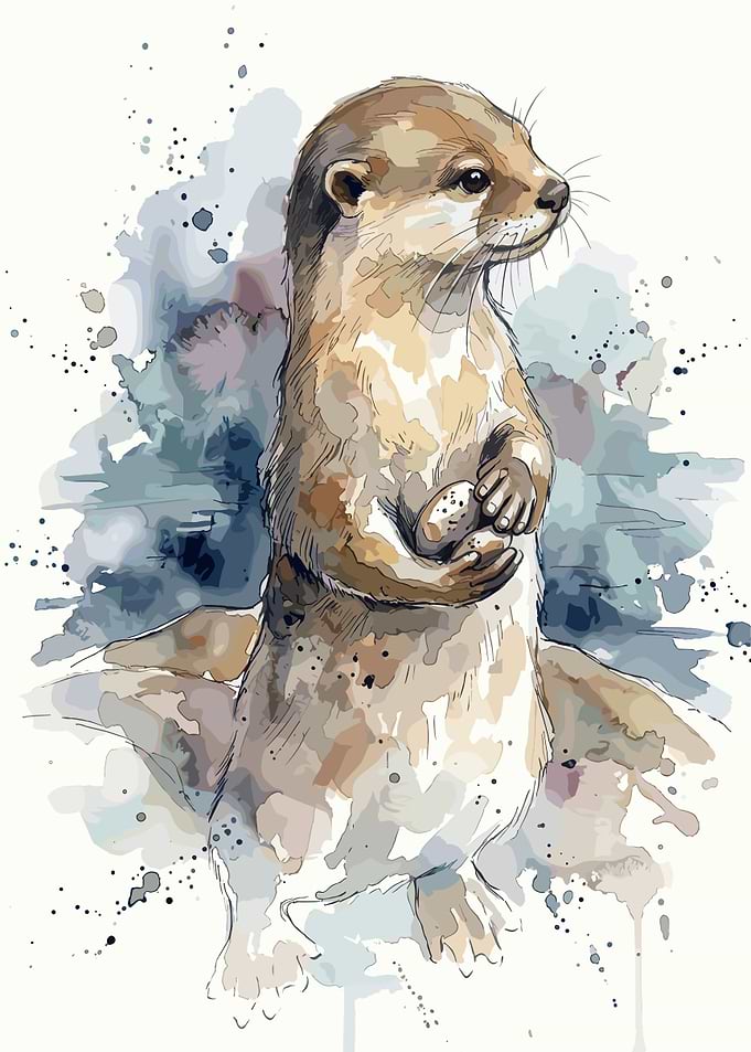 Watercolor Otter Holding a Stone