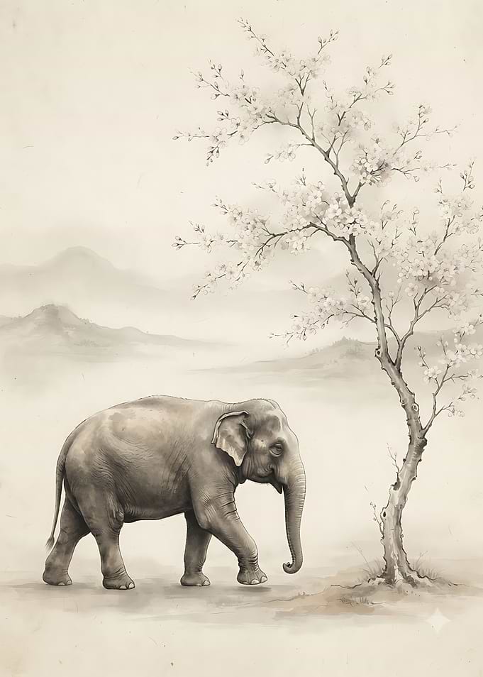 Elephant Walking Beneath Cherry Blossom Tree