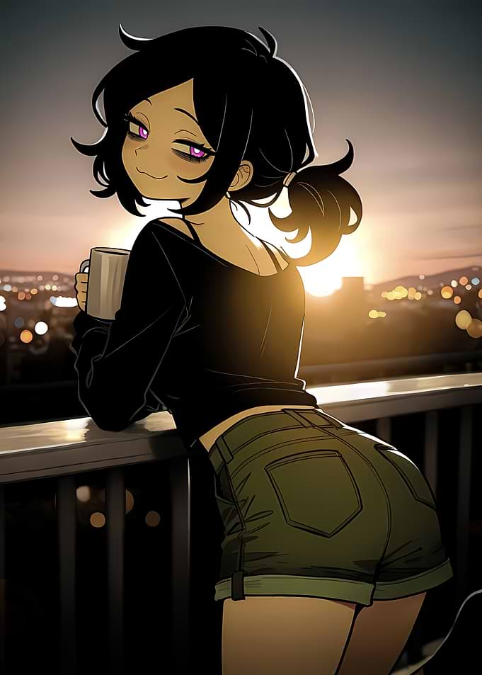 Anime girl with coffee at sunset