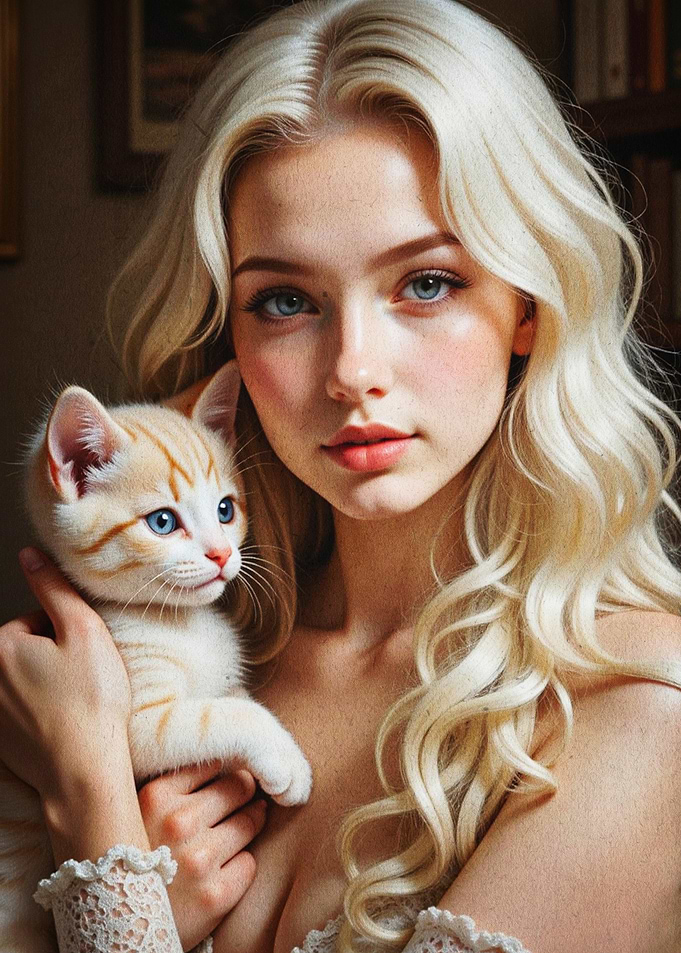 Blonde Woman Cat Portrait Art