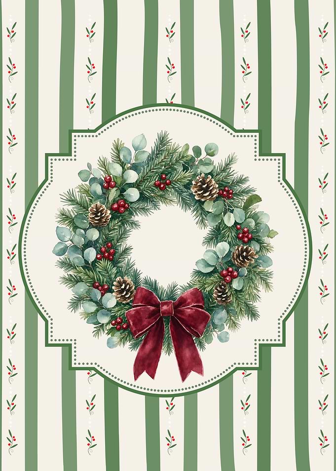 Watercolor Christmas Wreath on Striped Background