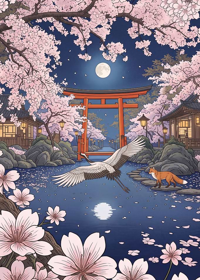 Nihonga Cherry Blossom Torii and Crane by Moonlight