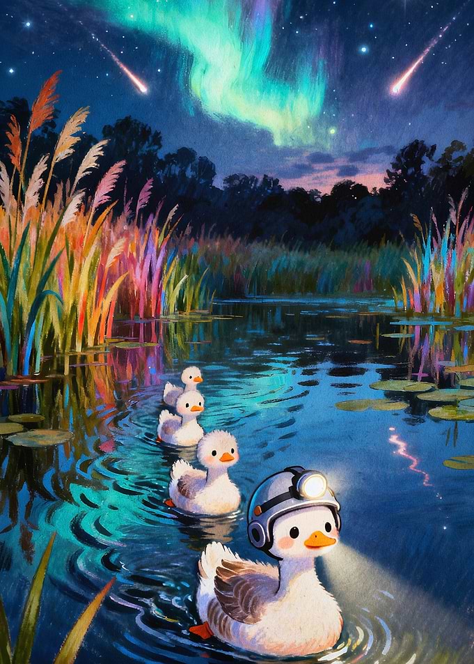 Duckling Night River Cute Poster