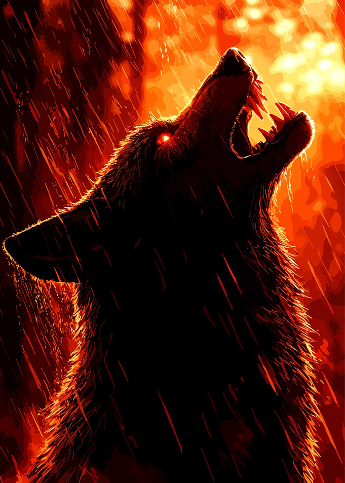 Howling Wolf in Fiery Rain
