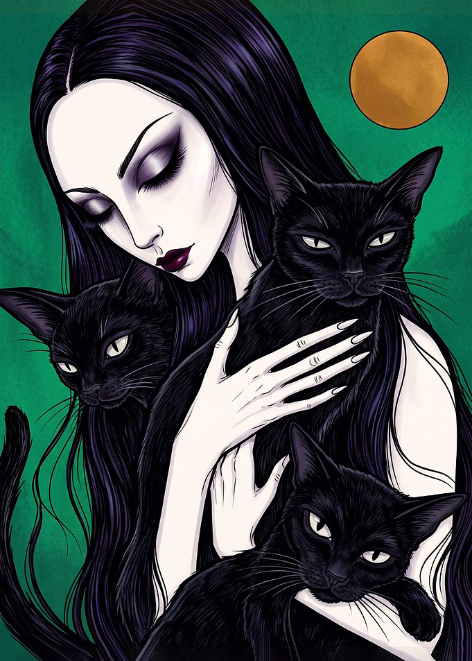 Gothic Woman with Three Black Cats
