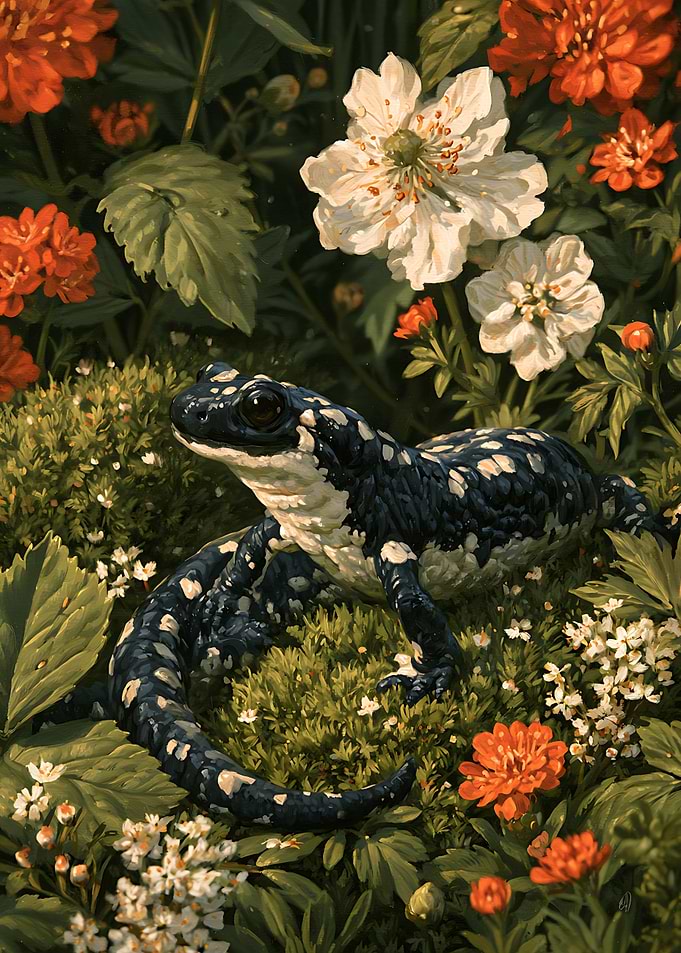 Spotted Salamander in Floral Garden