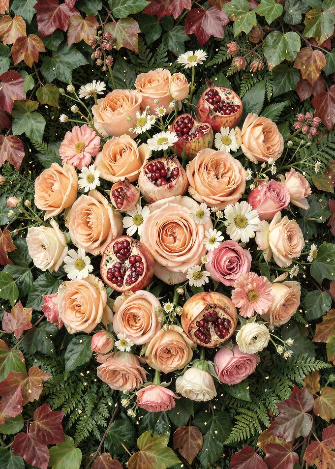 Pomegranates and Garden Roses in Autumn Ivy