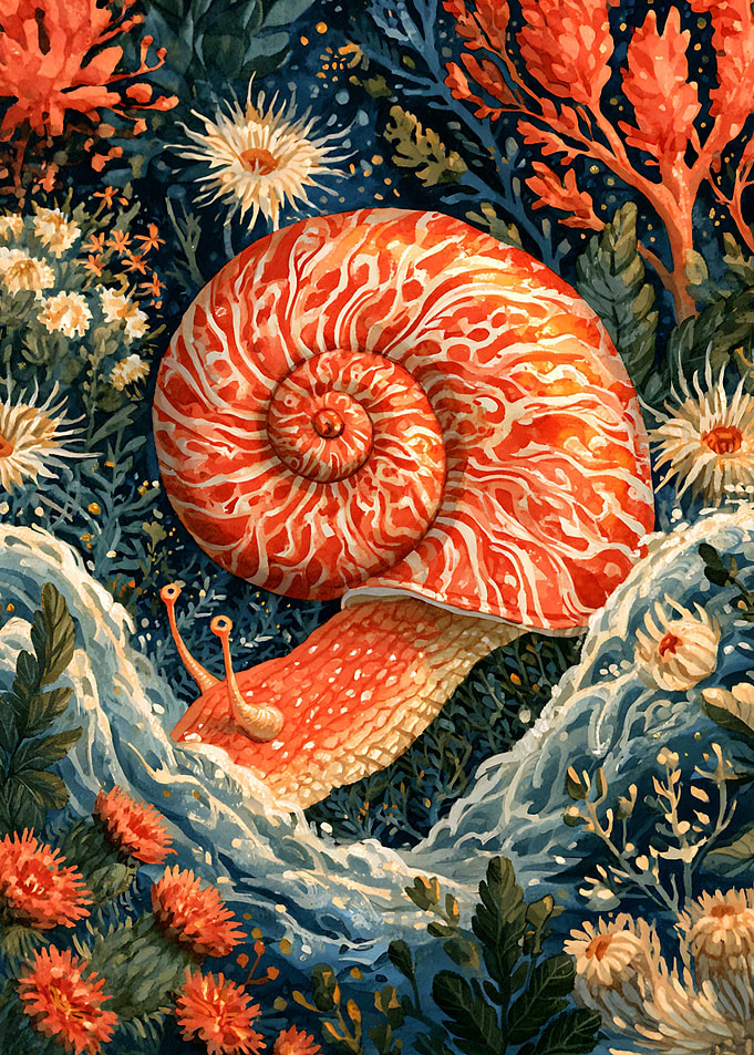 Vibrant Orange Snail in Floral Garden