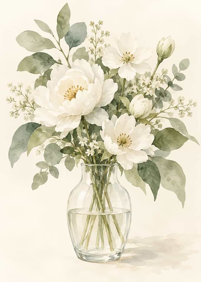 Watercolor Bouquet in Glass Vase