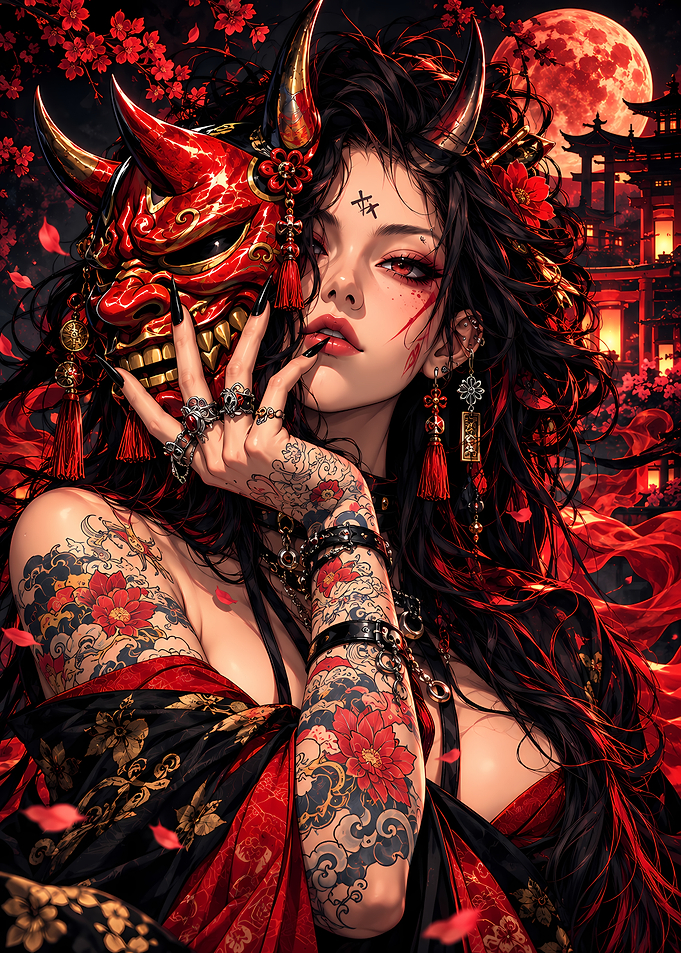Tattooed Oni Mask Demon Girl