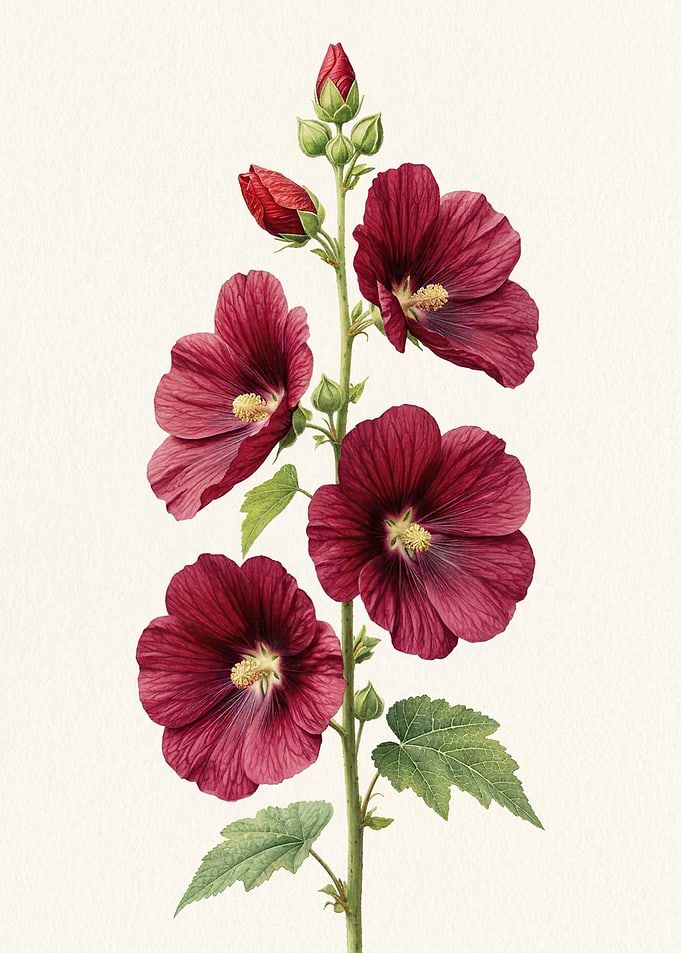 Botanical Illustration of Deep Red Hollyhocks