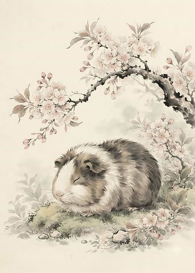 Sleeping Guinea Pig Under Cherry Blossoms