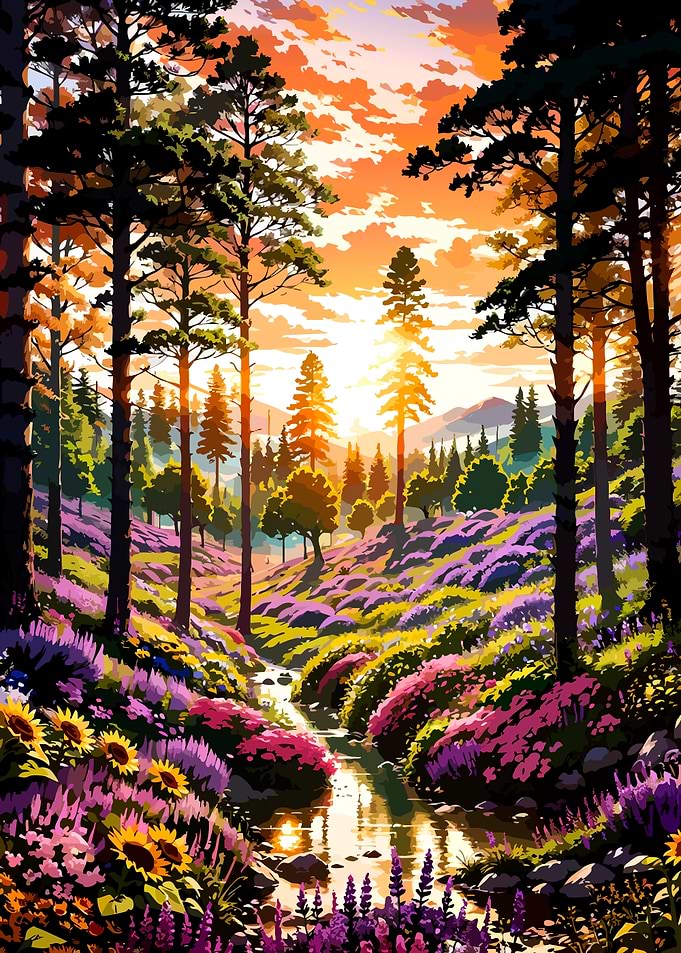 Vibrant Sunset Forest Stream Landscape