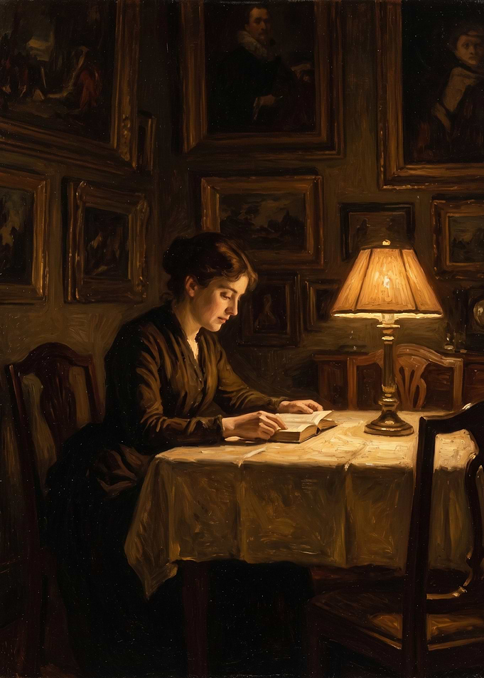 Woman Reading by Lamplight Painting