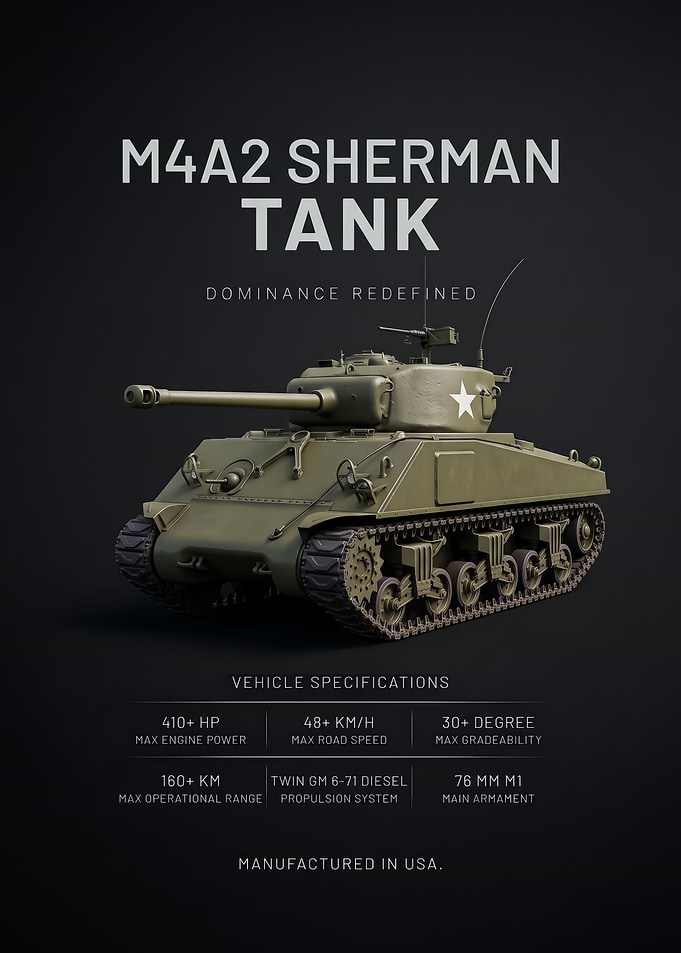 black background minimalism m4A2 Sherman Tank Technical Poster