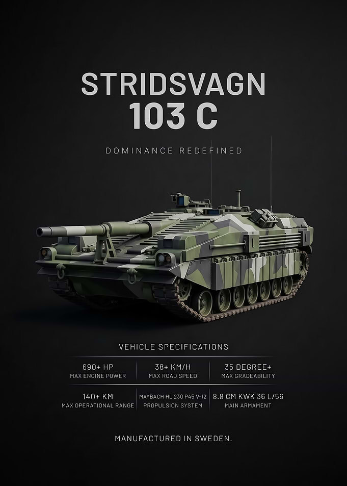black background minimalism stridsvagn 103C Tank Technical Poster