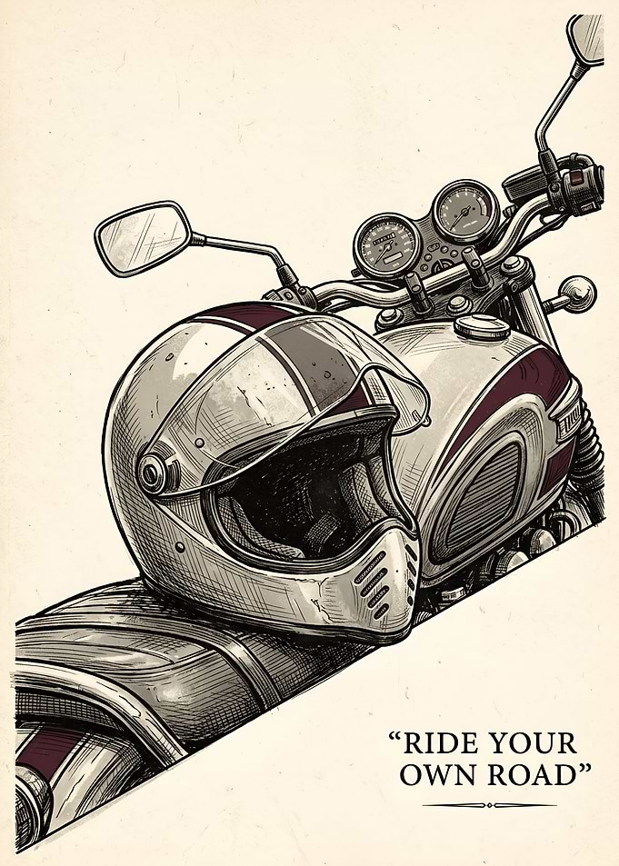 Vintage Motorcycle Helmet and Bike Illustration