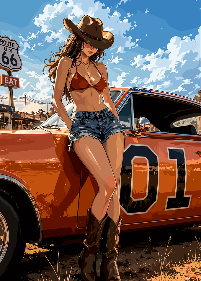 Cowgirl Posing with General Lee Car