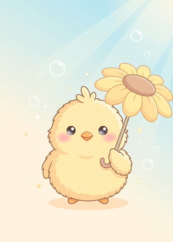 Cute Baby Chick Holding Flower Umbrella